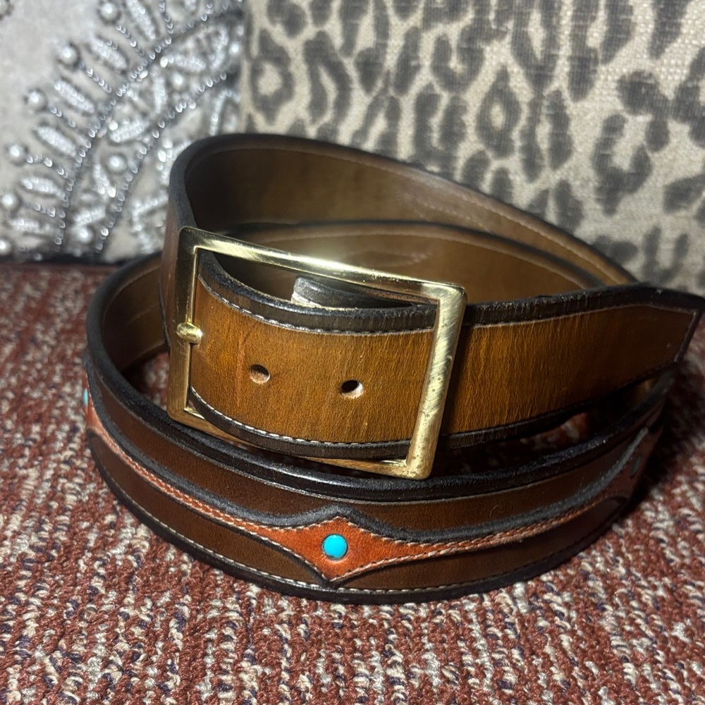 Western turquoise accent tonal Brown Leather Belt Gold Buckle Cowboy size 40